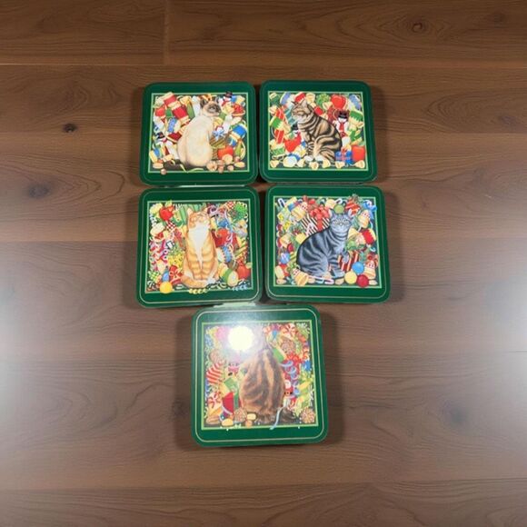 Set of 5 Pimpernel Christmas Cat Coaster Collection Cork Back Siamese Tabby B12 - Picture 1 of 6